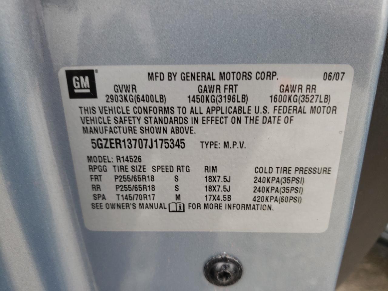 Photo 10 from auction – 2007 SATURN OUTLOOK XE with VIN 5GZER13707J175345