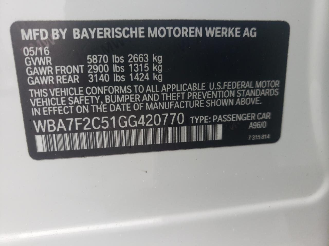 Photo 10 from auction – 2016 BMW 750 XI with VIN WBA7F2C51GG420770