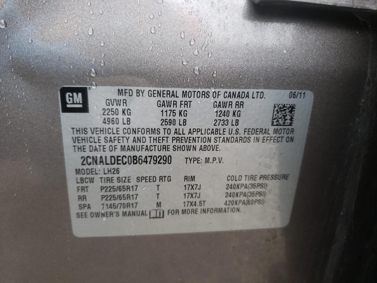 Photo 10 from auction – 2011 CHEVROLET EQUINOX LT with VIN 2CNALDEC0B6479290