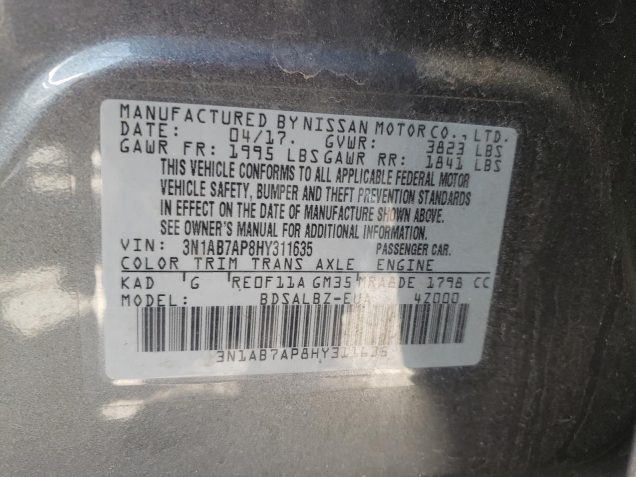 Photo 10 from auction – 2017 NISSAN SENTRA S with VIN 3N1AB7AP8HY311635