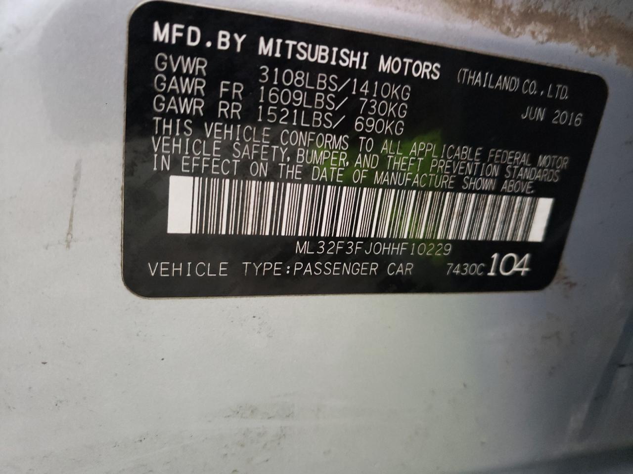 Photo 10 from auction – 2017 MITSUBISHI MIRAGE G4 with VIN ML32F3FJ0HHF10229