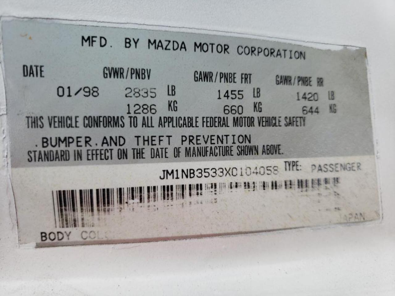 Photo 10 from auction – 1999 MAZDA MX-5 MIATA with VIN JM1NB3533X0104058