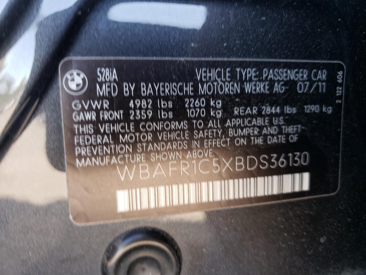 Photo 10 from auction – 2011 BMW 528 I with VIN WBAFR1C5XBDS36130