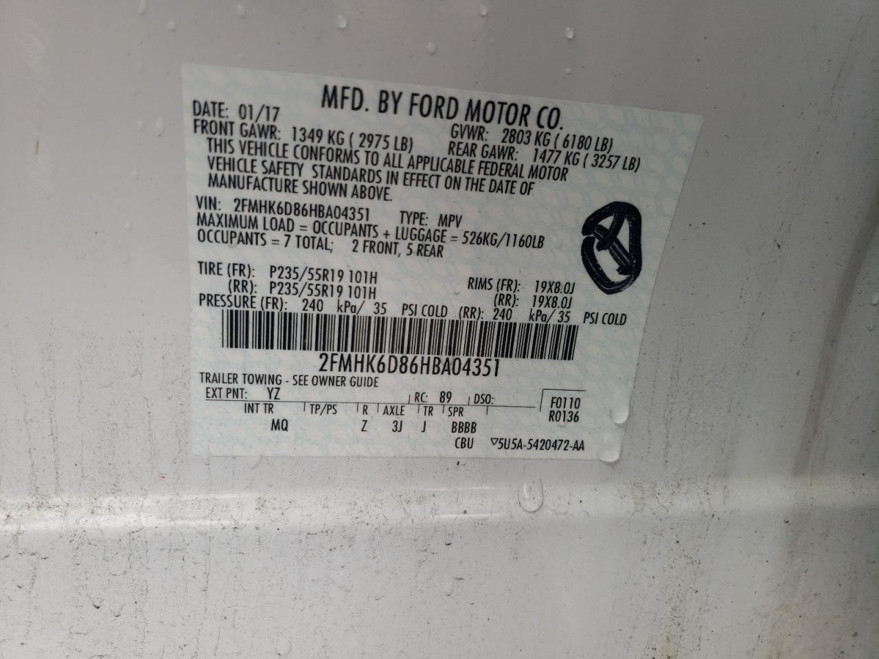 Photo 10 from auction – 2017 FORD FLEX LIMIT with VIN 2FMHK6D86HBA04351