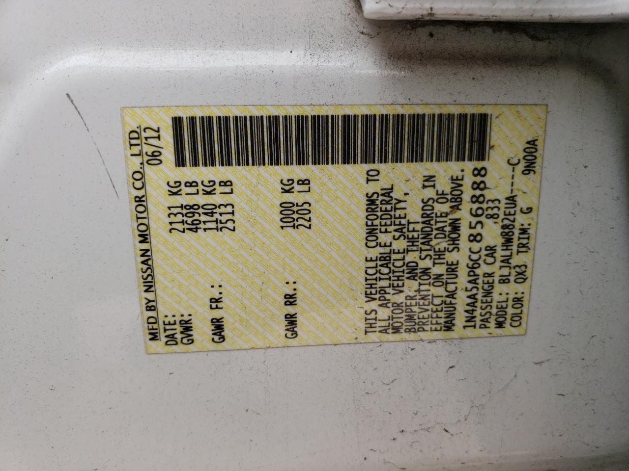 Photo 10 from auction – 2012 NISSAN MAXIMA S with VIN 1N4AA5AP6CC856888