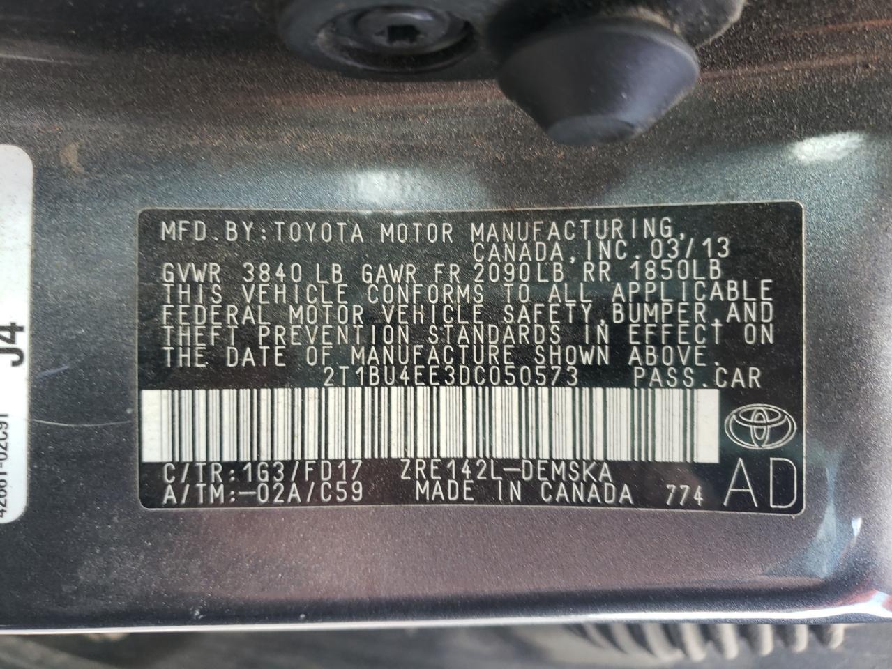 Photo 10 from auction – 2013 TOYOTA COROLLA S with VIN 2T1BU4EE3DC050573