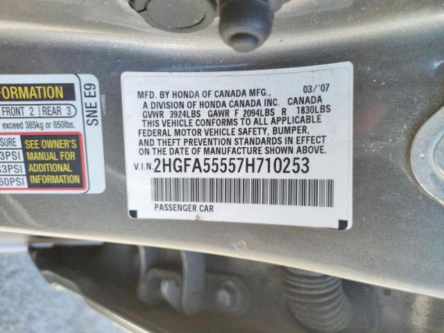 Photo 10 from auction – 2007 HONDA CIVIC SI with VIN 2HGFA55557H710253