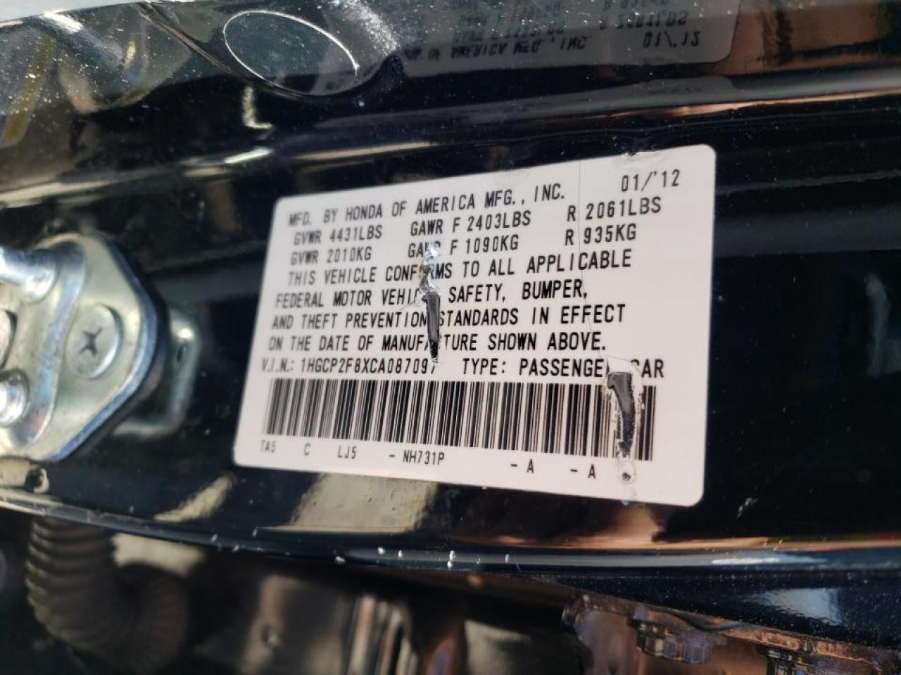 Photo 10 from auction – 2012 HONDA ACCORD EXL with VIN 1HGCP2F8XCA087097