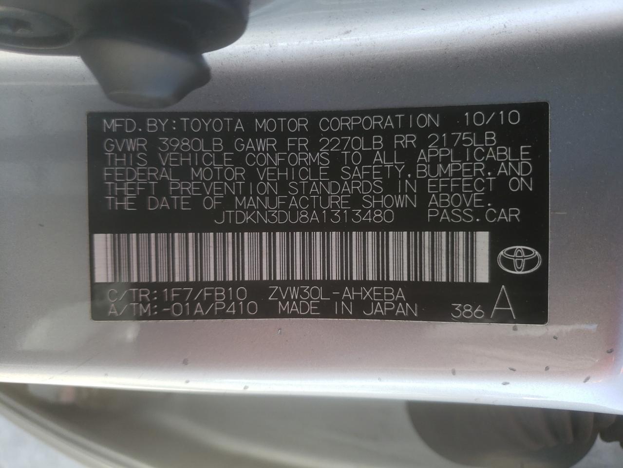 Photo 10 from auction – 2010 TOYOTA PRIUS with VIN JTDKN3DU8A1313480