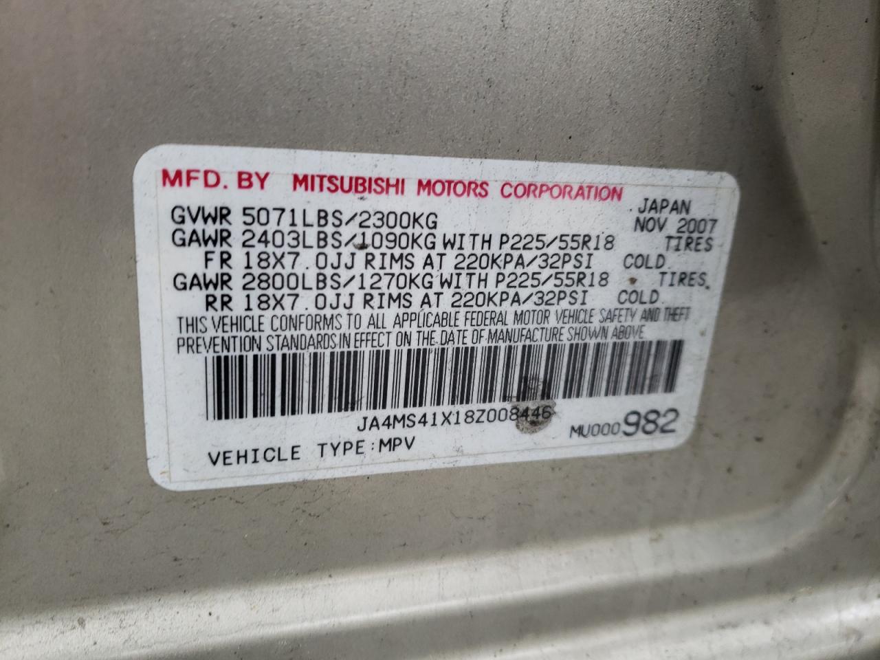 Photo 10 from auction – 2008 MITSUBISHI OUTLANDER with VIN JA4MS41X18Z008446