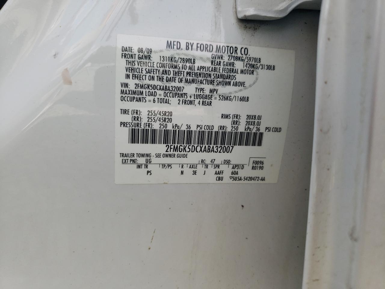 Photo 10 from auction – 2010 FORD FLEX LIMIT with VIN 2FMGK5DCXABA32007