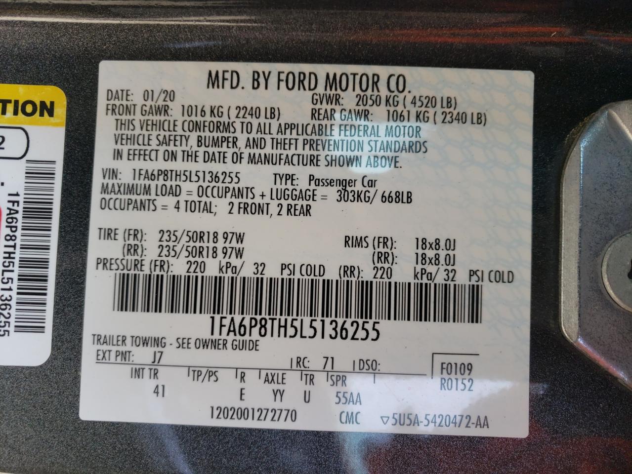 Photo 10 from auction – 2020 FORD MUSTANG with VIN 1FA6P8TH5L5136255