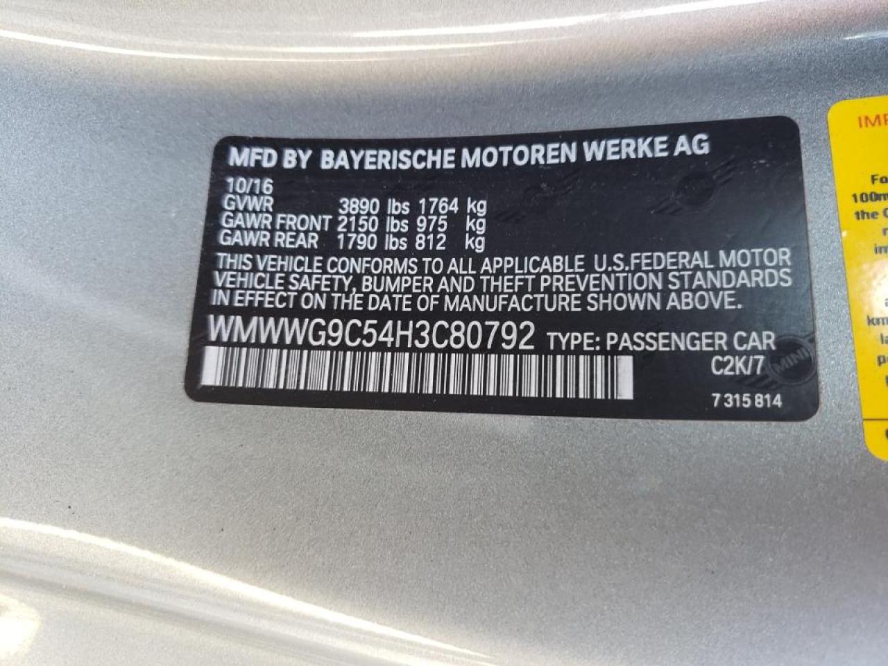 Photo 10 from auction – 2017 MINI COOPER S with VIN WMWWG9C54H3C80792