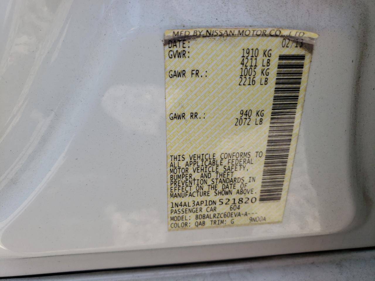 Photo 10 from auction – 2013 NISSAN ALTIMA 2.5 with VIN 1N4AL3AP1DN521820
