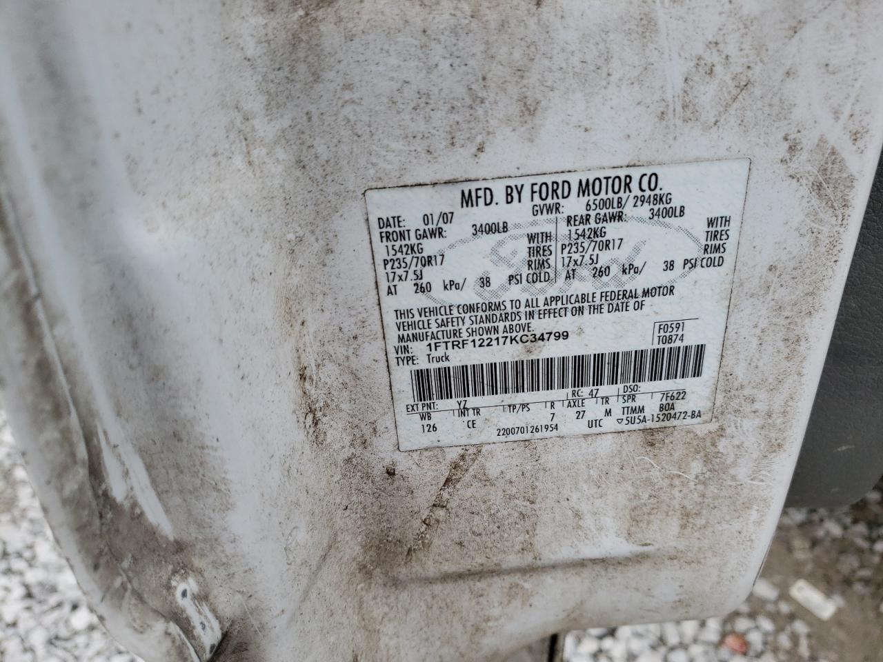 Photo 10 from auction – 2007 FORD F150 with VIN 1FTRF12217KC34799