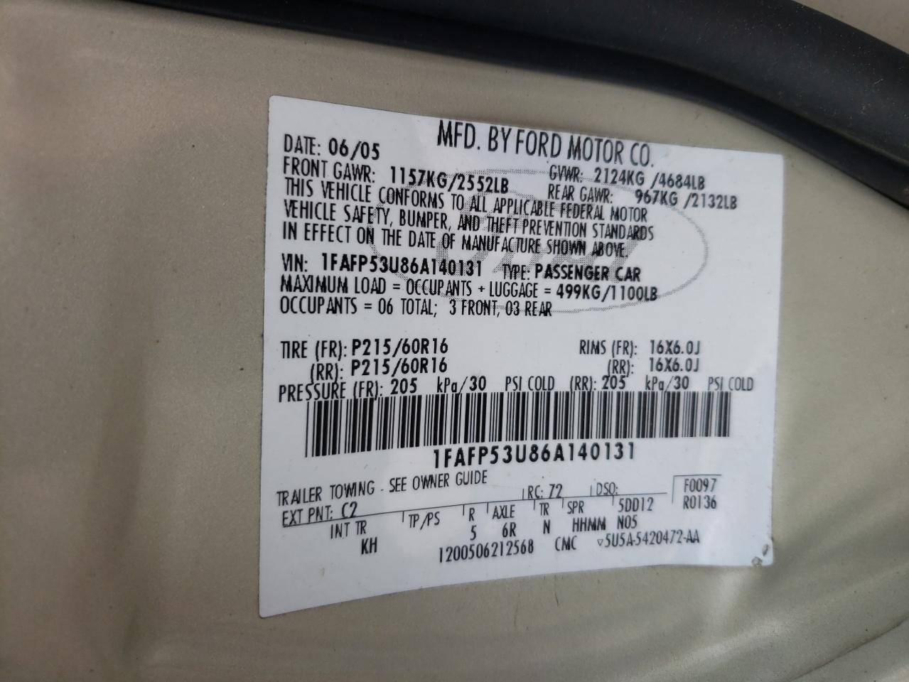 Photo 10 from auction – 2006 FORD TAURUS SE with VIN 1FAFP53U86A140131