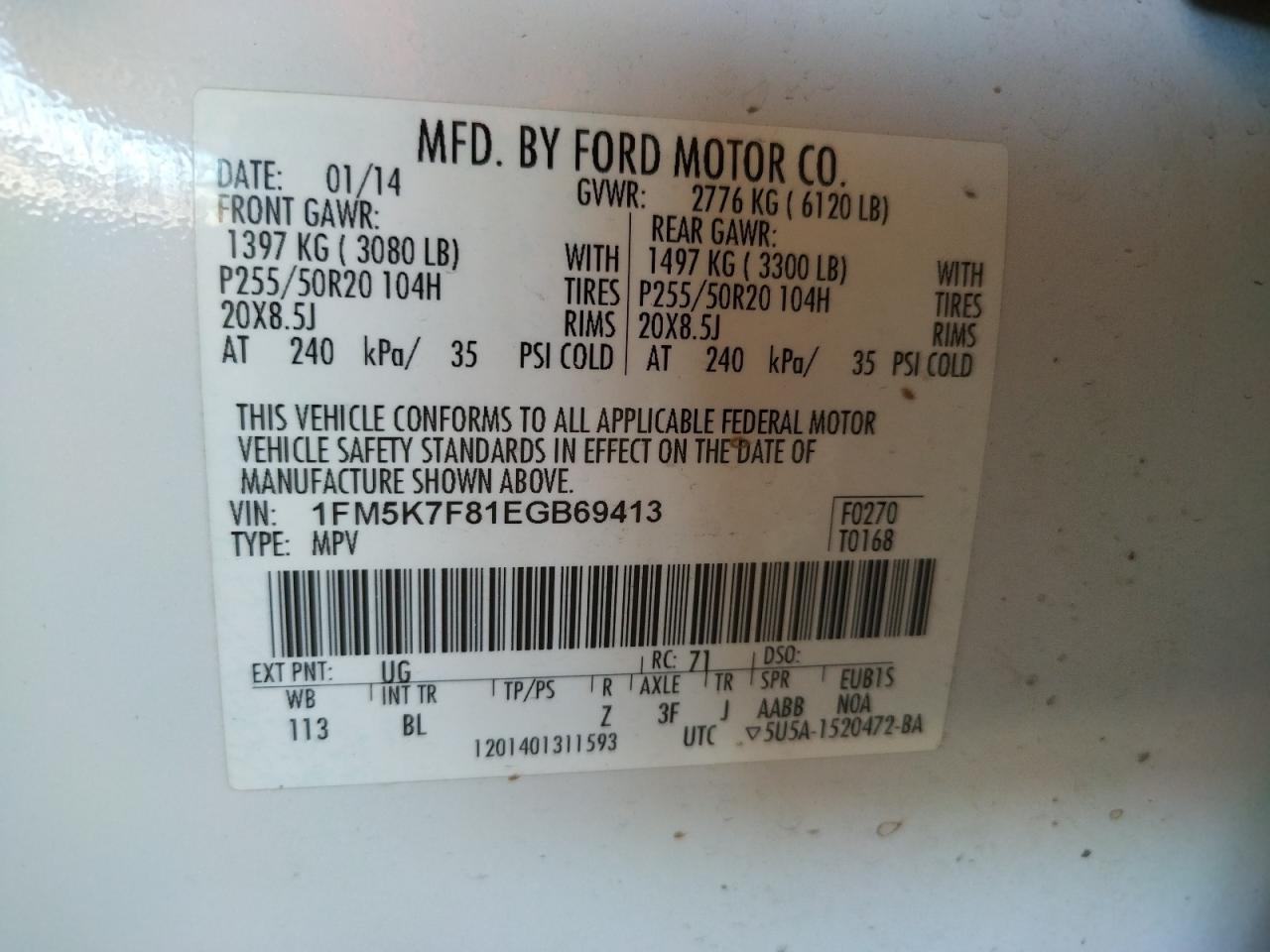 Photo 10 from auction – 2014 FORD EXPLORER L with VIN 1FM5K7F81EGB69413