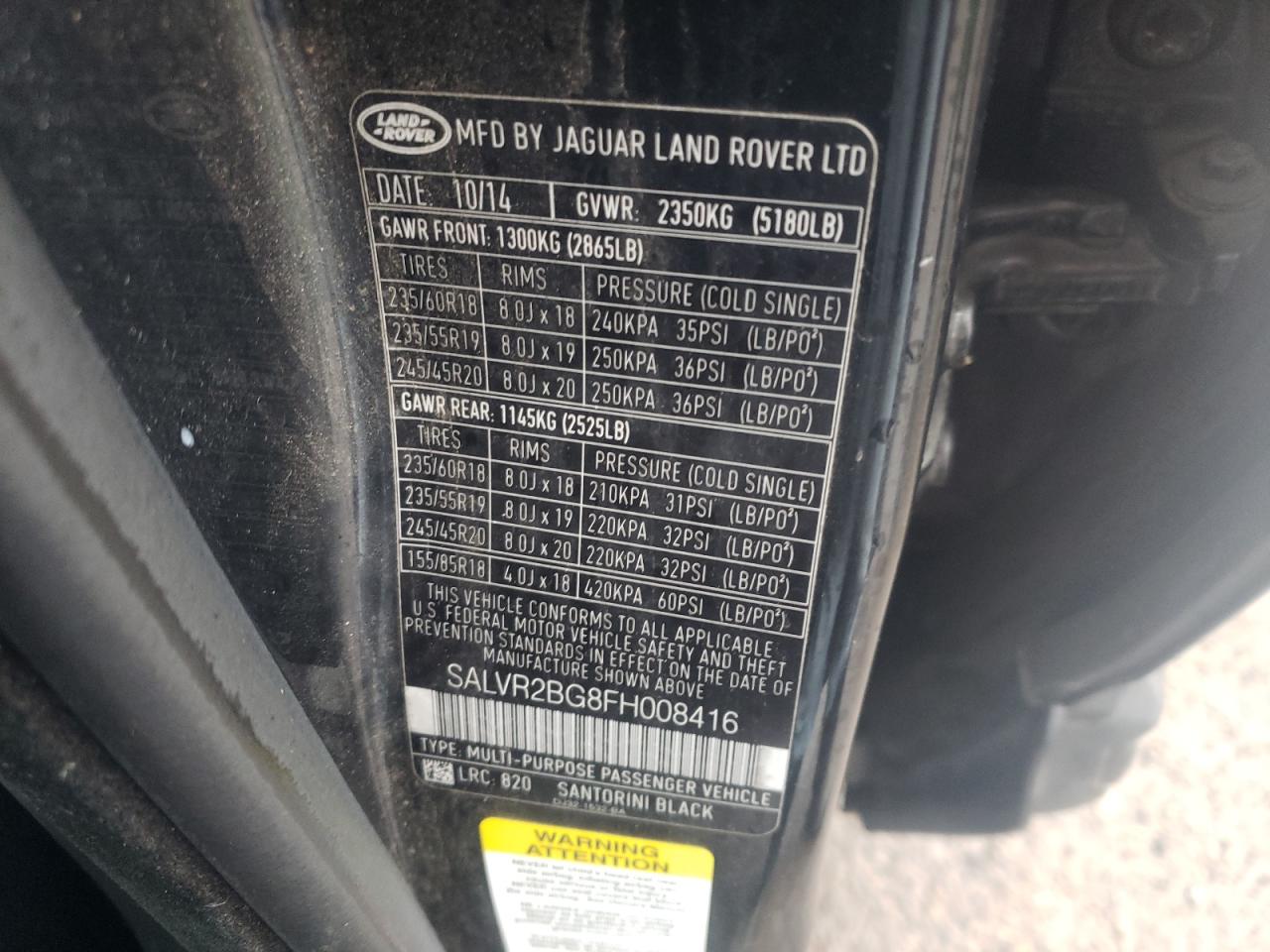 Foto 10 de la subasta – 2015 LAND ROVER RANGE ROVE con VIN SALVR2BG8FH008416