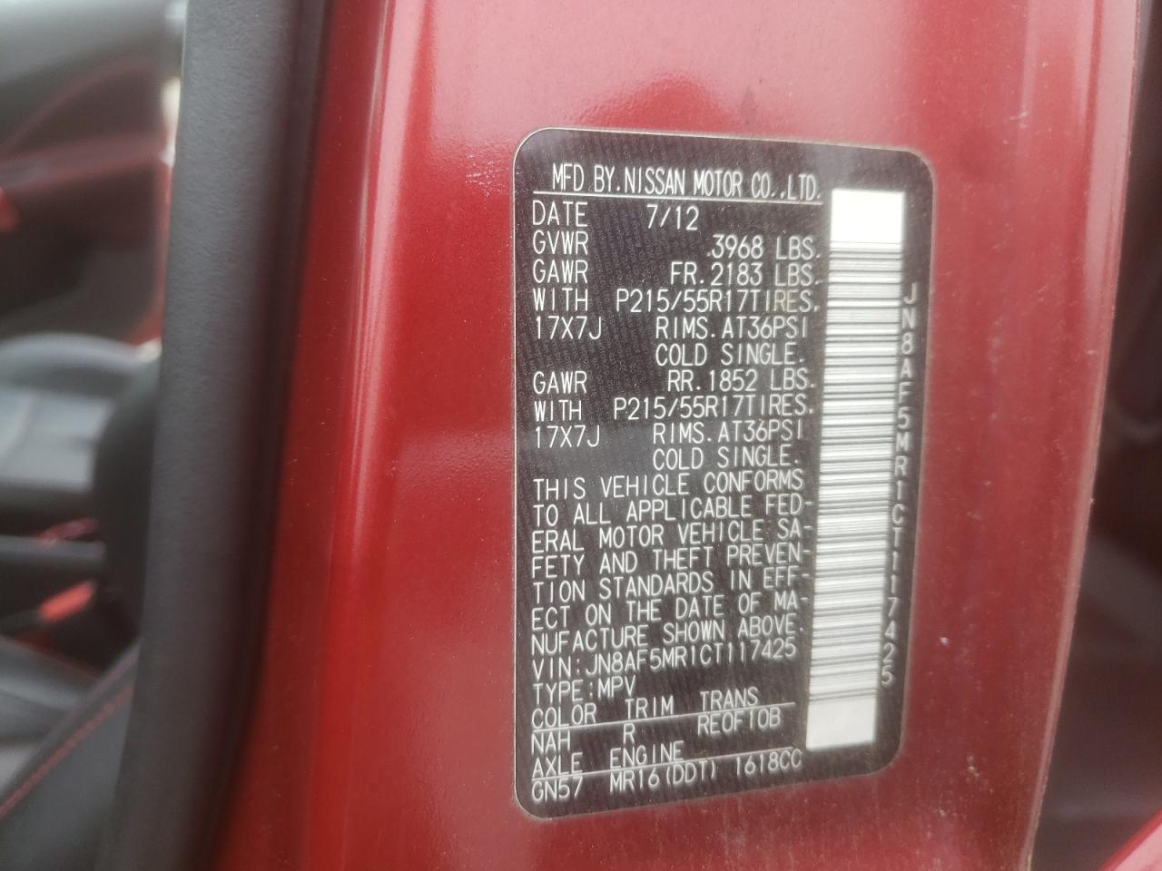 Photo 10 from auction – 2012 NISSAN JUKE S with VIN JN8AF5MR1CT117425
