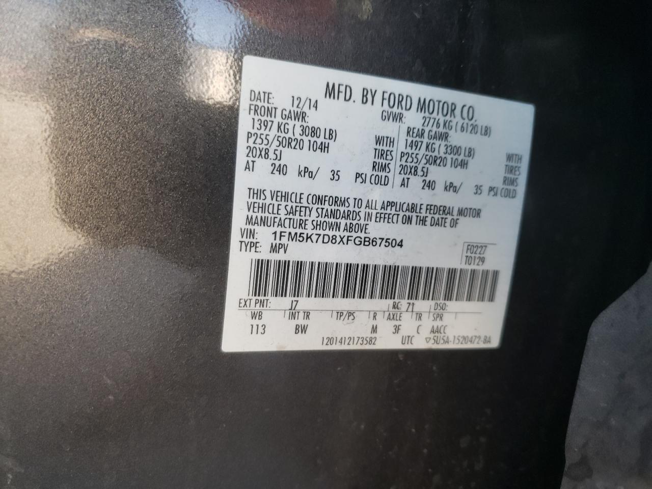 Photo 20 from auction – 2015 FORD EXPLORER X with VIN 1FM5K7D8XFGB67504