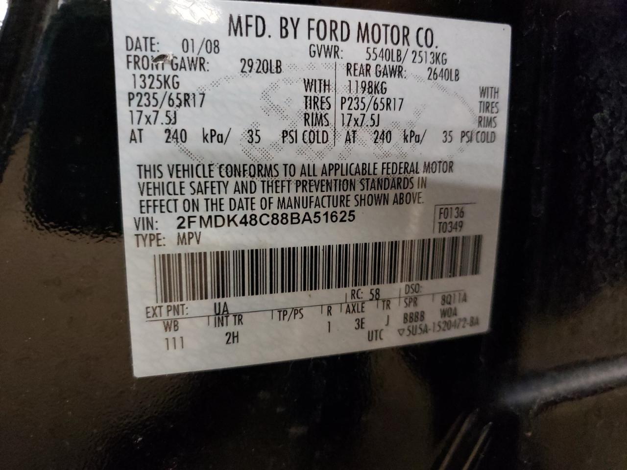 Photo 10 from auction – 2008 FORD EDGE SEL with VIN 2FMDK48C88BA51625