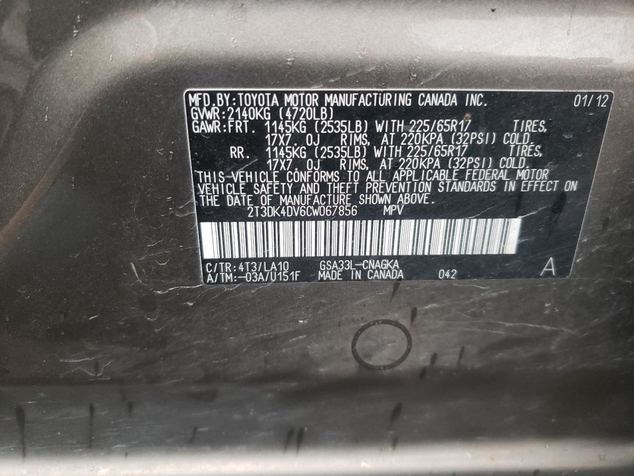 Photo 10 from auction – 2012 TOYOTA RAV4 LIMIT with VIN 2T3DK4DV6CW067856