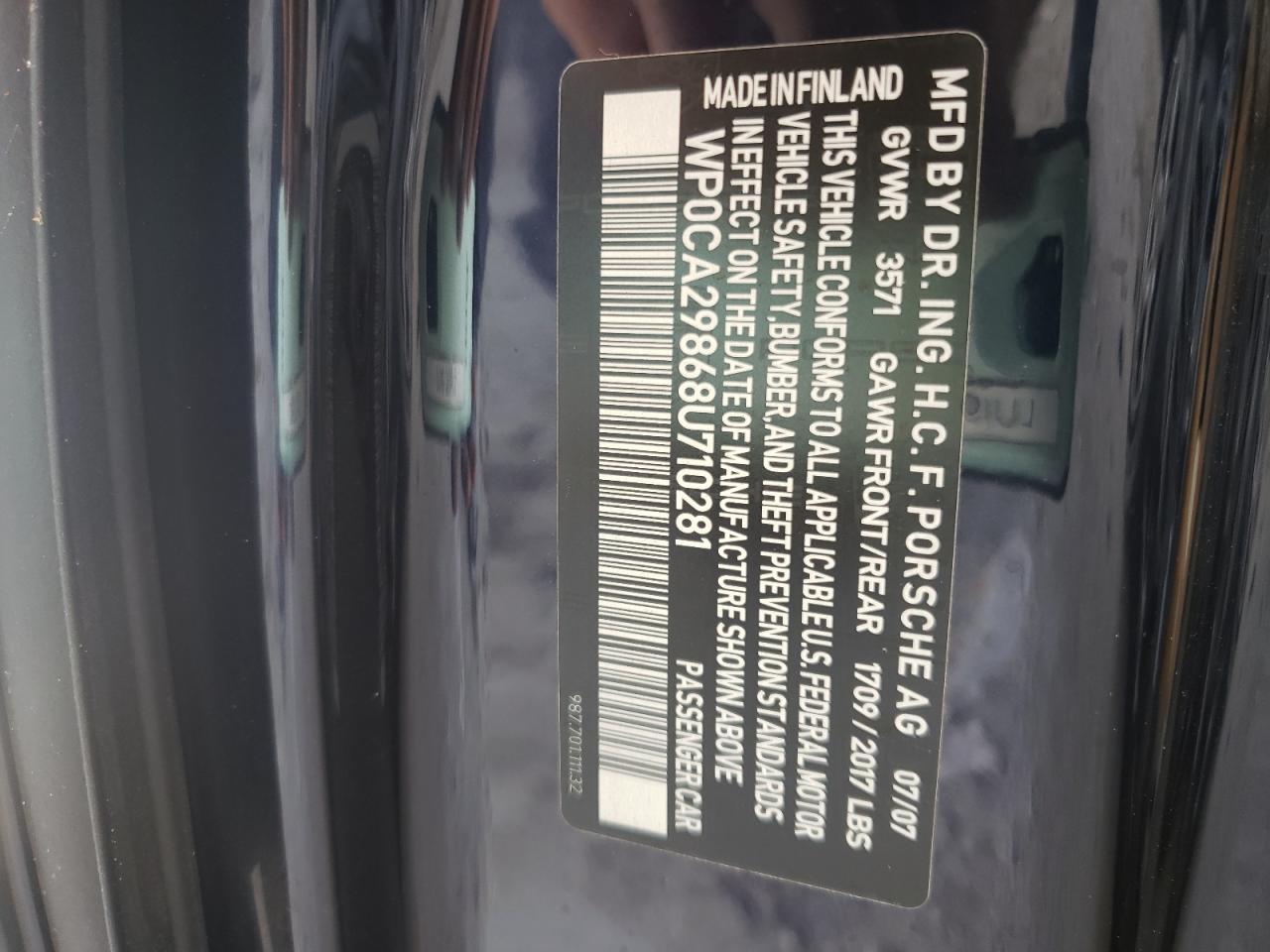 Photo 10 from auction – 2008 PORSCHE BOXSTER with VIN WP0CA29868U710281