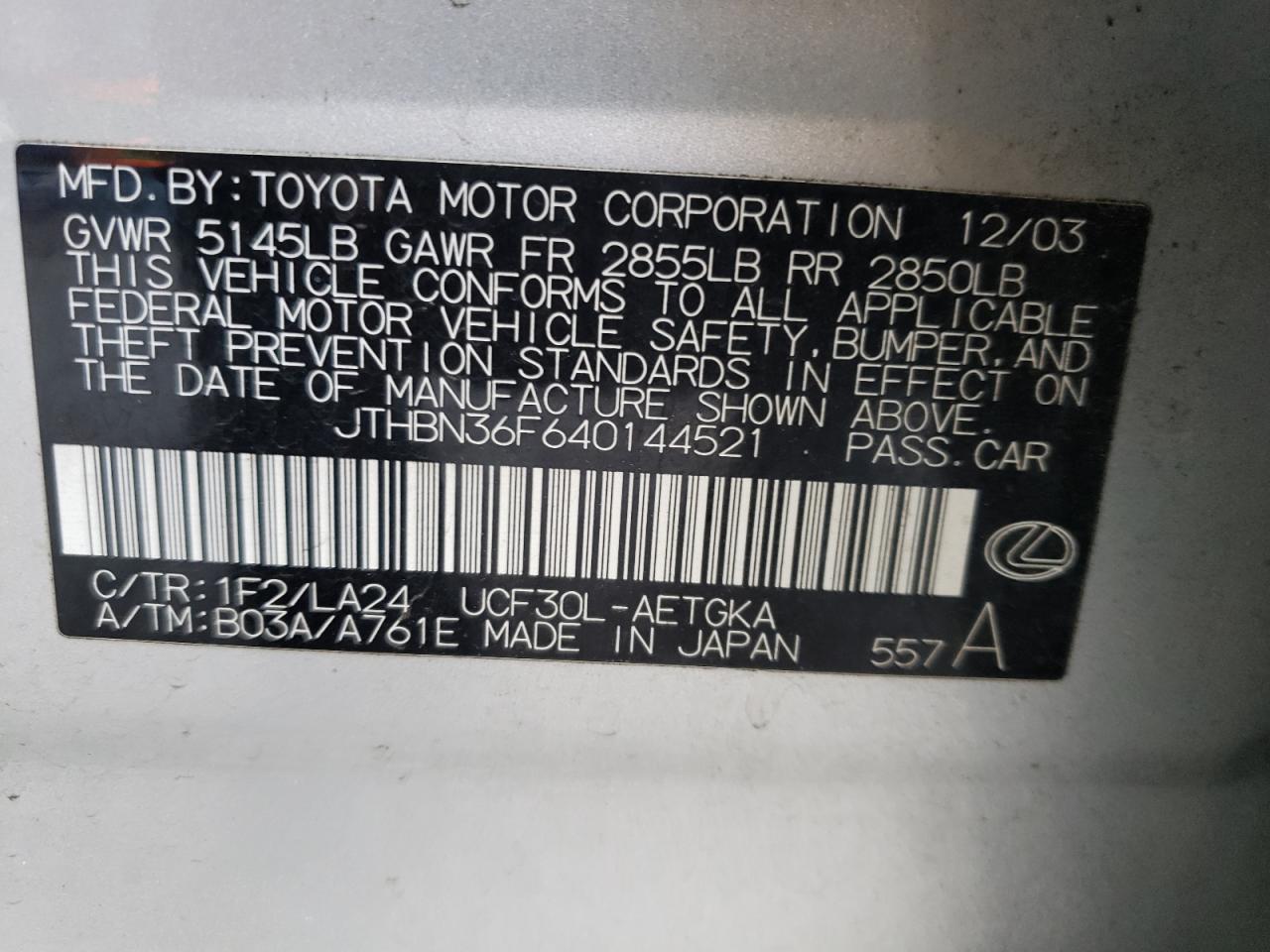Photo 10 from auction – 2004 LEXUS LS 430 with VIN JTHBN36F640144521