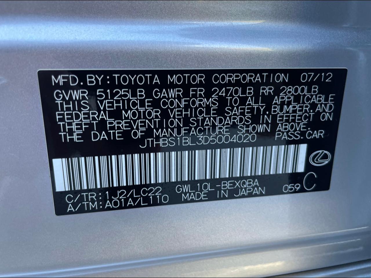 Photo 10 from auction – 2013 LEXUS GS 450H with VIN JTHBS1BL3D5004020