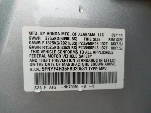 Foto 10 de la subasta – 2015 HONDA PILOT SE con VIN 5FNYF4H36FB020531