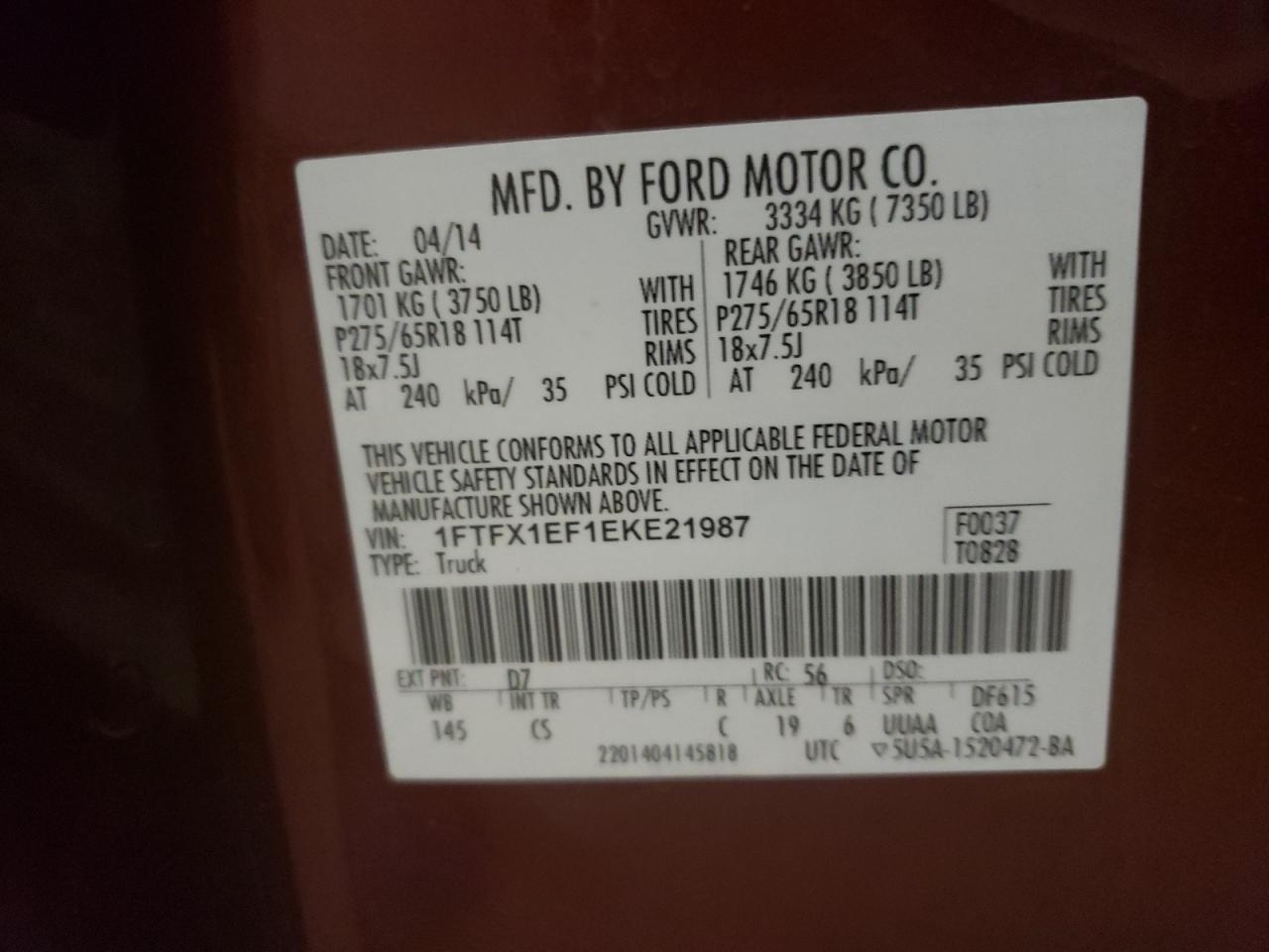 Photo 20 from auction – 2014 FORD F150 SUPER with VIN 1FTFX1EF1EKE21987
