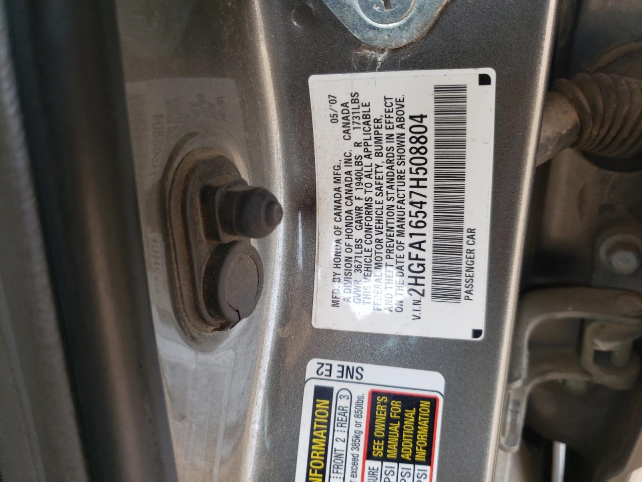 Photo 10 from auction – 2007 HONDA CIVIC LX with VIN 2HGFA16547H508804