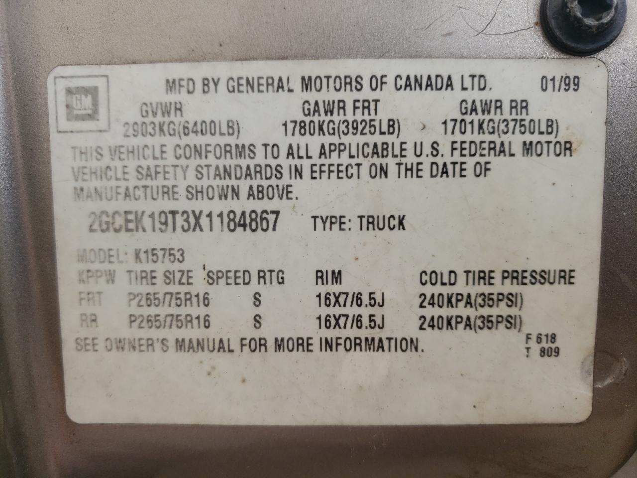 Photo 11 from auction – 1999 CHEVROLET SILVERADO with VIN 2GCEK19T3X1184867
