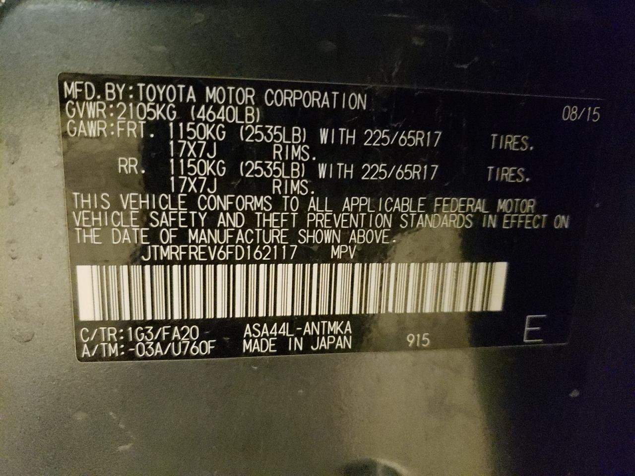 Photo 10 from auction – 2015 TOYOTA RAV4 XLE with VIN JTMRFREV6FD162117