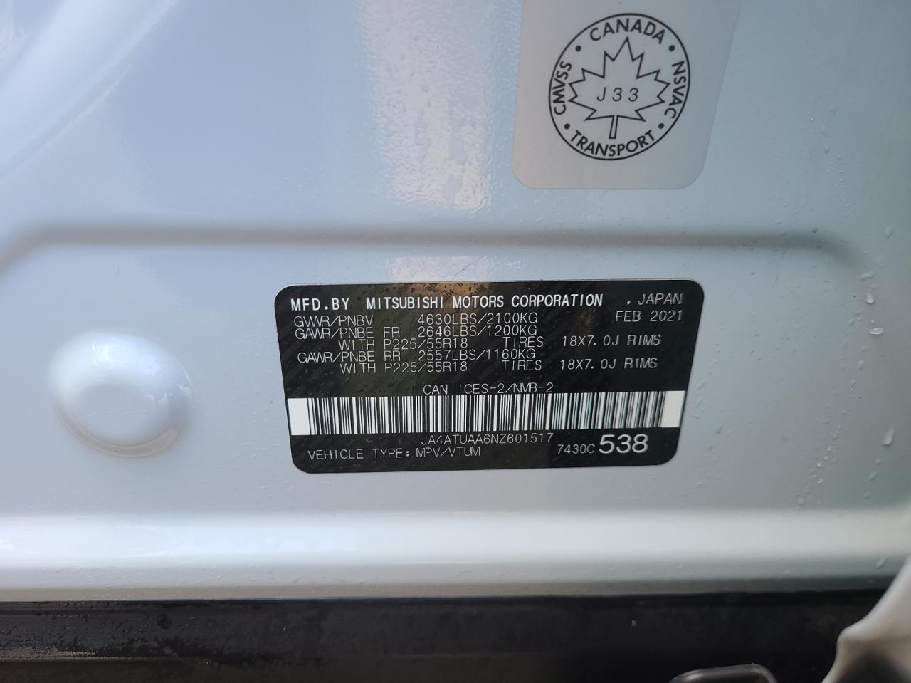 Photo 10 from auction – 2022 MITSUBISHI ECLIPSE CR with VIN JA4ATUAA6NZ601517