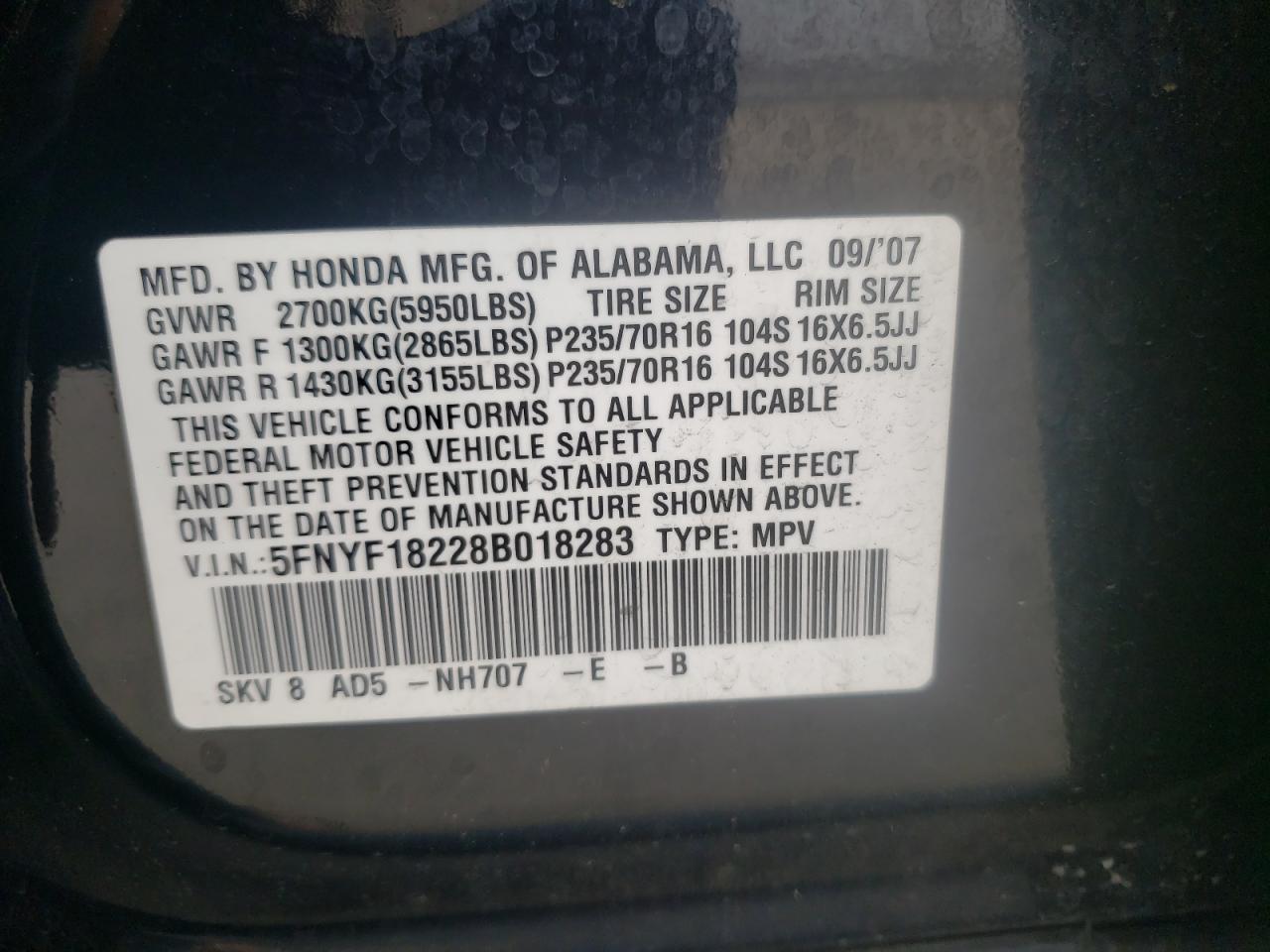 Photo 10 from auction – 2008 HONDA PILOT VP with VIN 5FNYF18228B018283