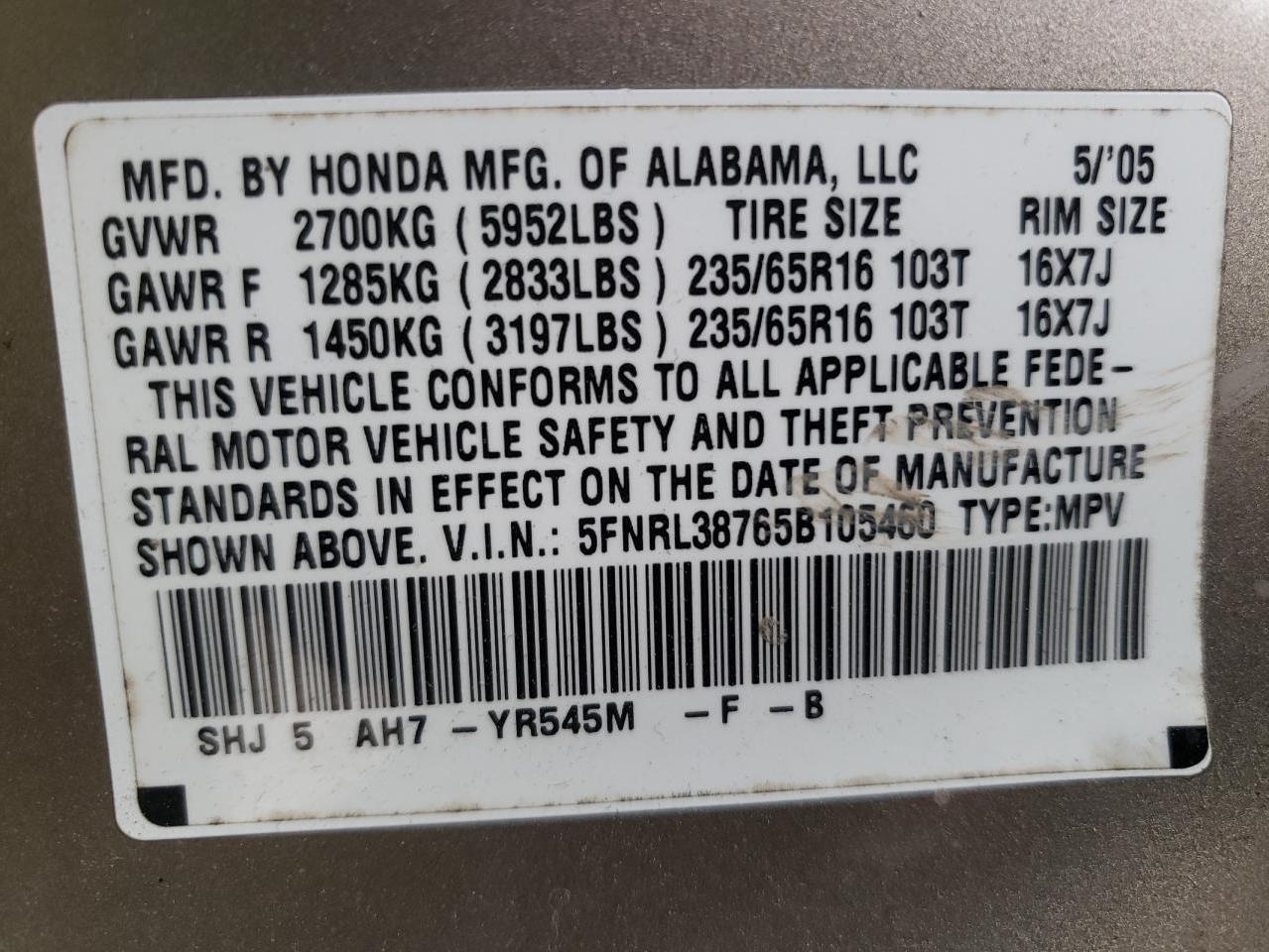 Photo 10 from auction – 2005 HONDA ODYSSEY EX with VIN 5FNRL38765B105460
