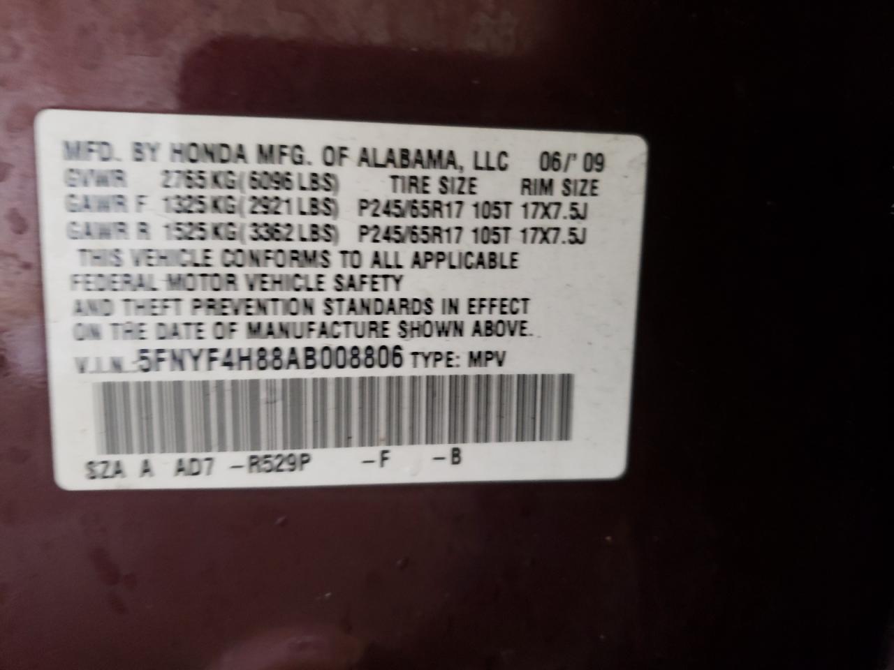 Photo 10 from auction – 2010 HONDA PILOT TOUR with VIN 5FNYF4H88AB008806