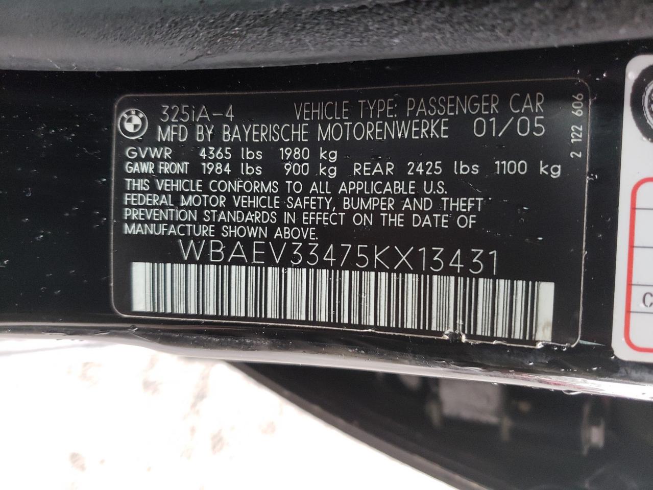 Photo 10 from auction – 2005 BMW 325 I with VIN WBAEV33475KX13431