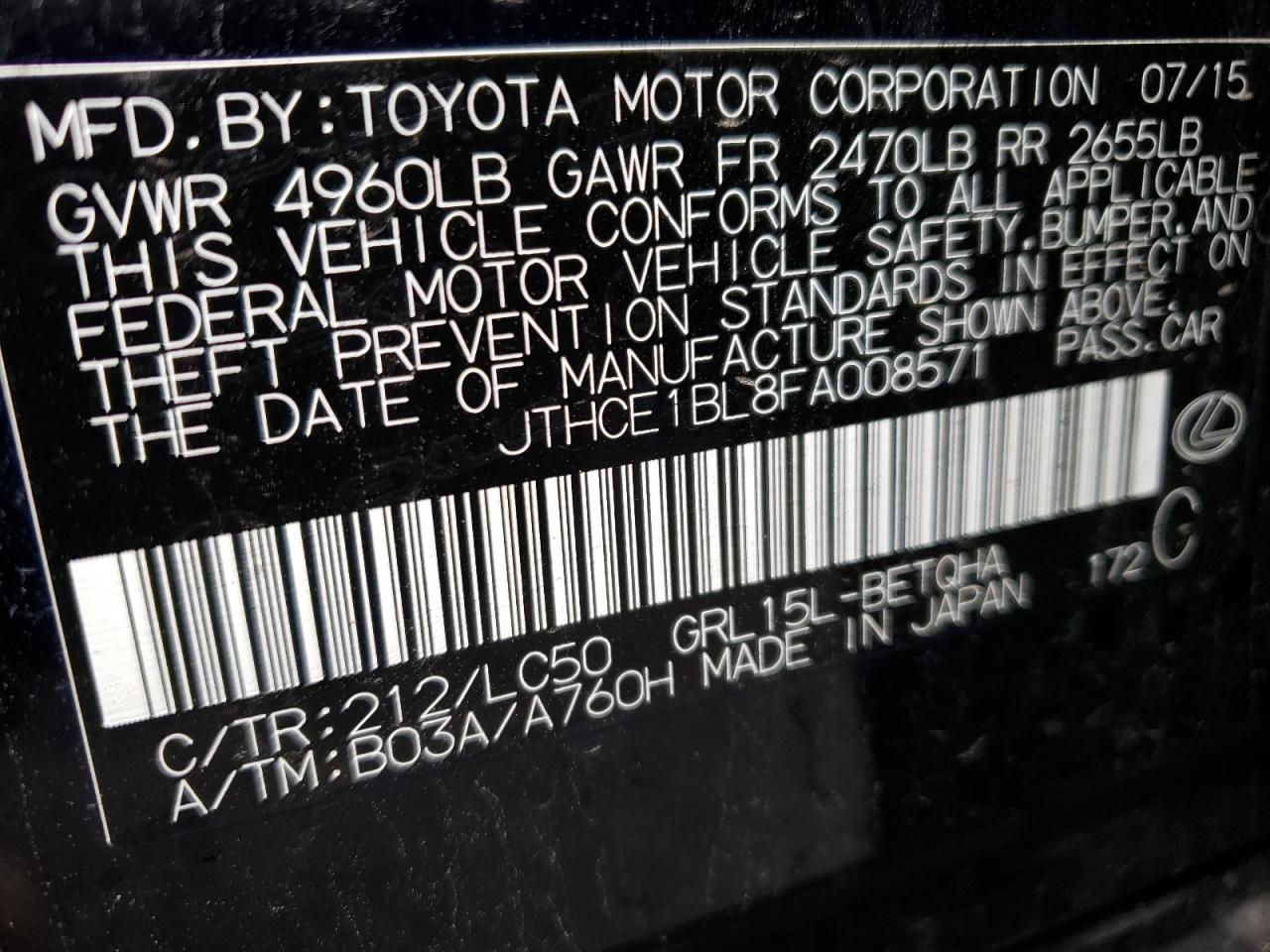 Photo 11 from auction – 2015 LEXUS GS 350 with VIN JTHCE1BL8FA008571