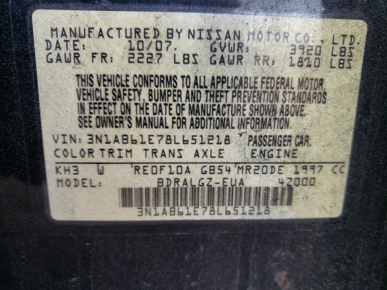 Photo 10 from auction – 2008 NISSAN SENTRA 2.0 with VIN 3N1AB61E78L651218