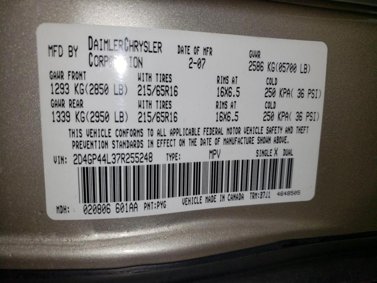 Zdjęcie 10 z aukcji – 2007 DODGE GRAND CARA z VIN 2D4GP44L37R255248