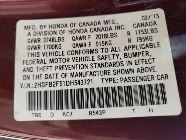Photo 10 from auction – 2013 HONDA CIVIC LX with VIN 2HGFB2F51DH543721