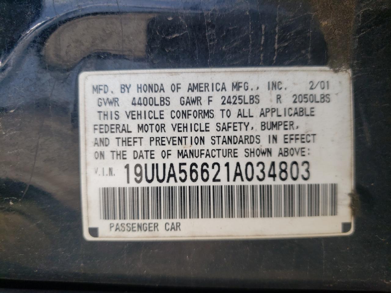 Photo 10 from auction – 2001 ACURA 3.2TL with VIN 19UUA56621A034803