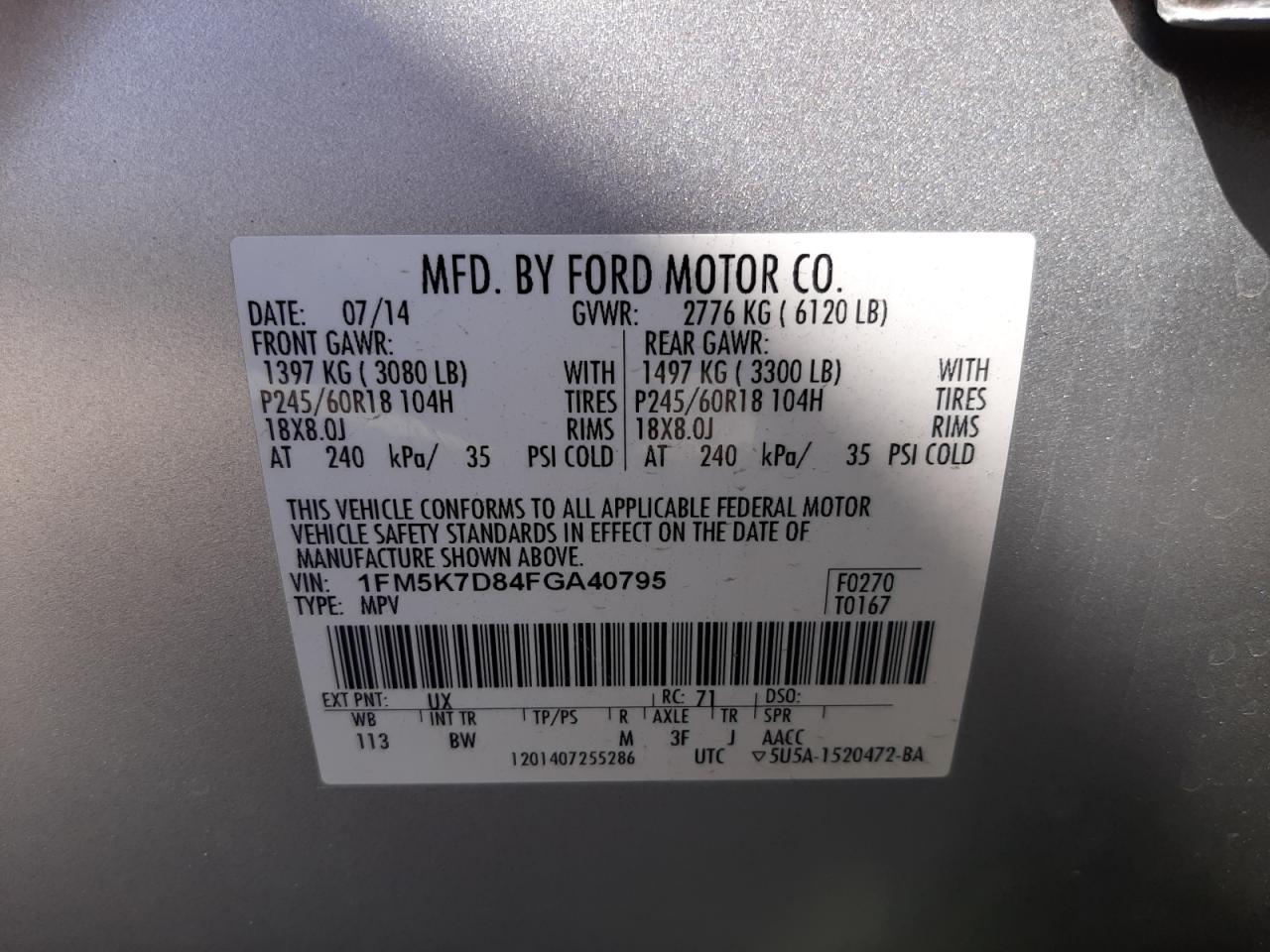 Photo 10 from auction – 2015 FORD EXPLORER X with VIN 1FM5K7D84FGA40795