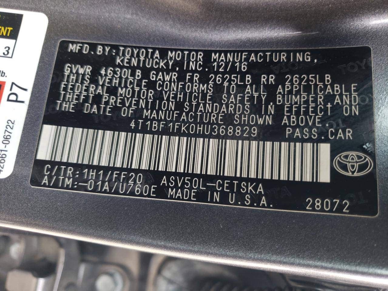 Photo 10 from auction – 2017 TOYOTA CAMRY LE with VIN 4T1BF1FK0HU368829