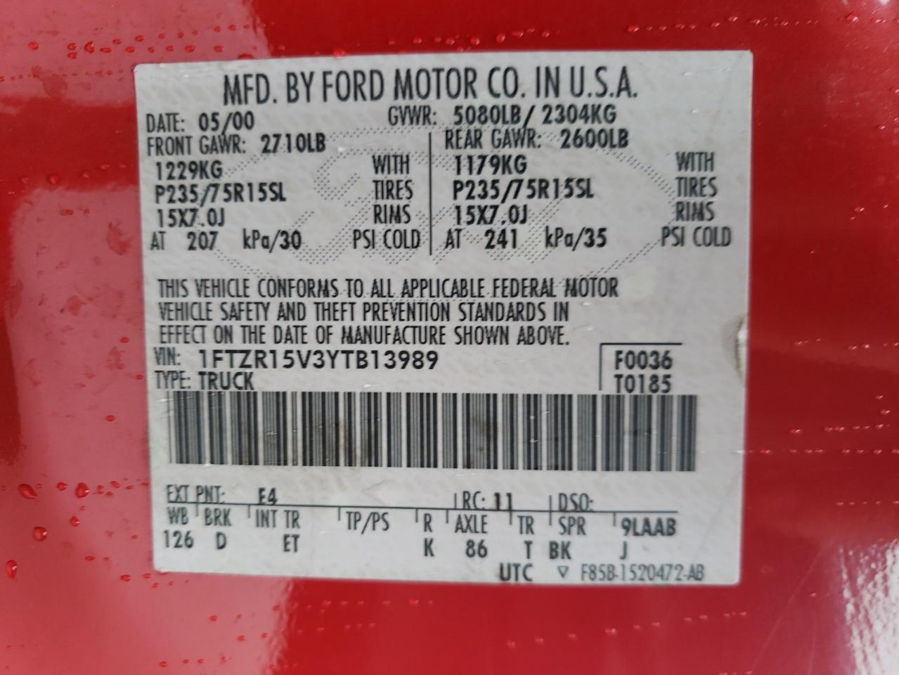 Photo 10 from auction – 2000 FORD RANGER SUP with VIN 1FTZR15V3YTB13989