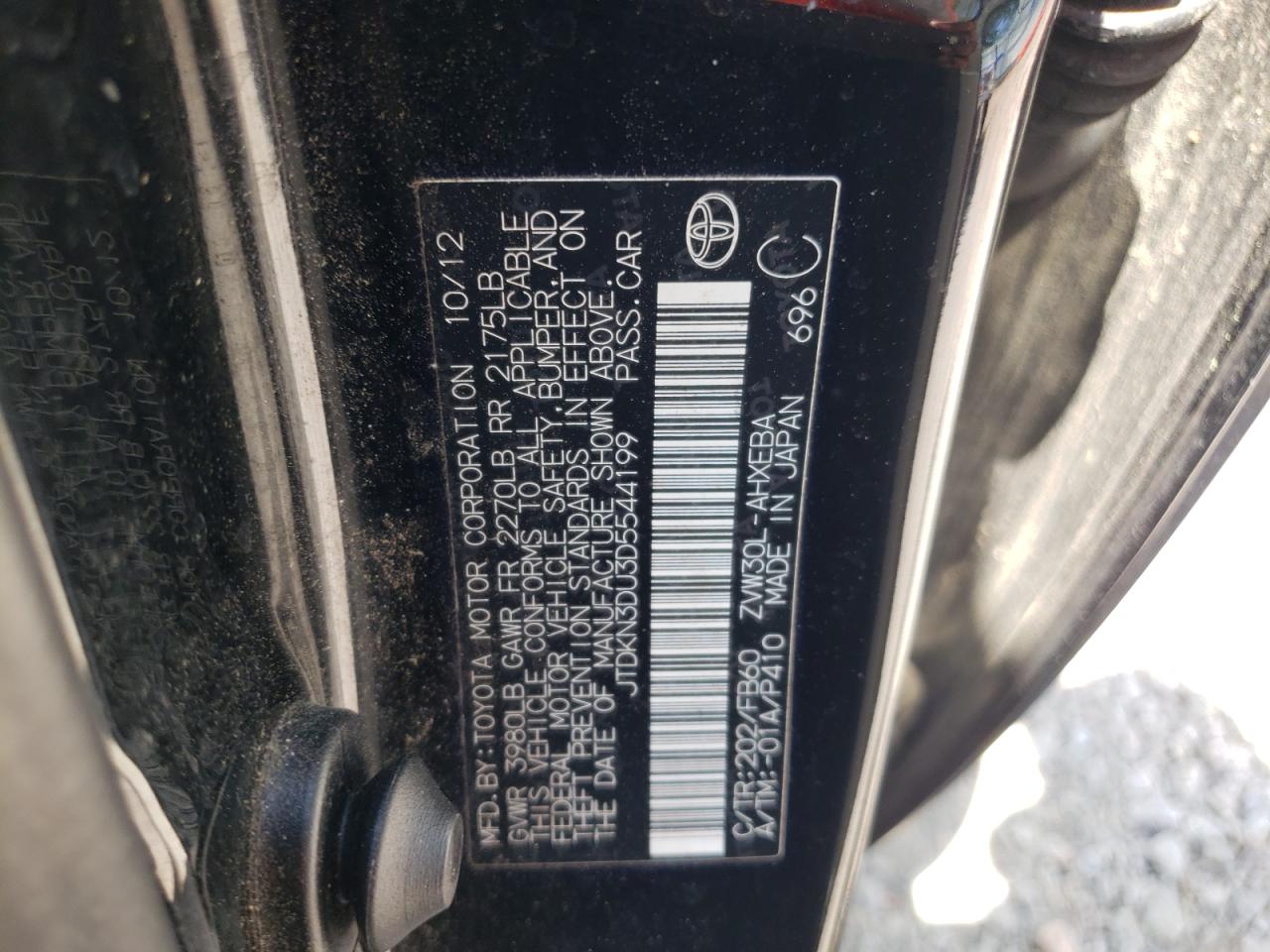 Photo 10 from auction – 2013 TOYOTA PRIUS with VIN JTDKN3DU3D5544199
