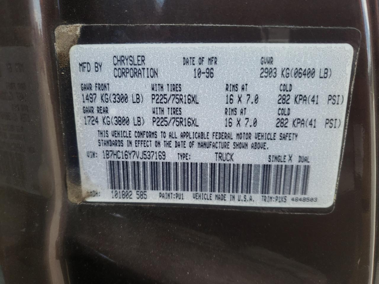 Photo 10 from auction – 1997 DODGE RAM 1500 with VIN 1B7HC16Y7VJ537169