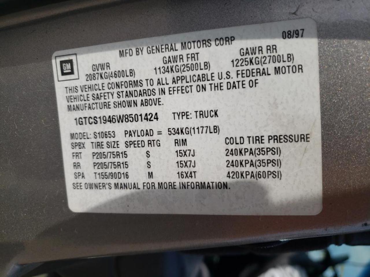 Photo 10 from auction – 1998 GMC SONOMA with VIN 1GTCS1946W8501424